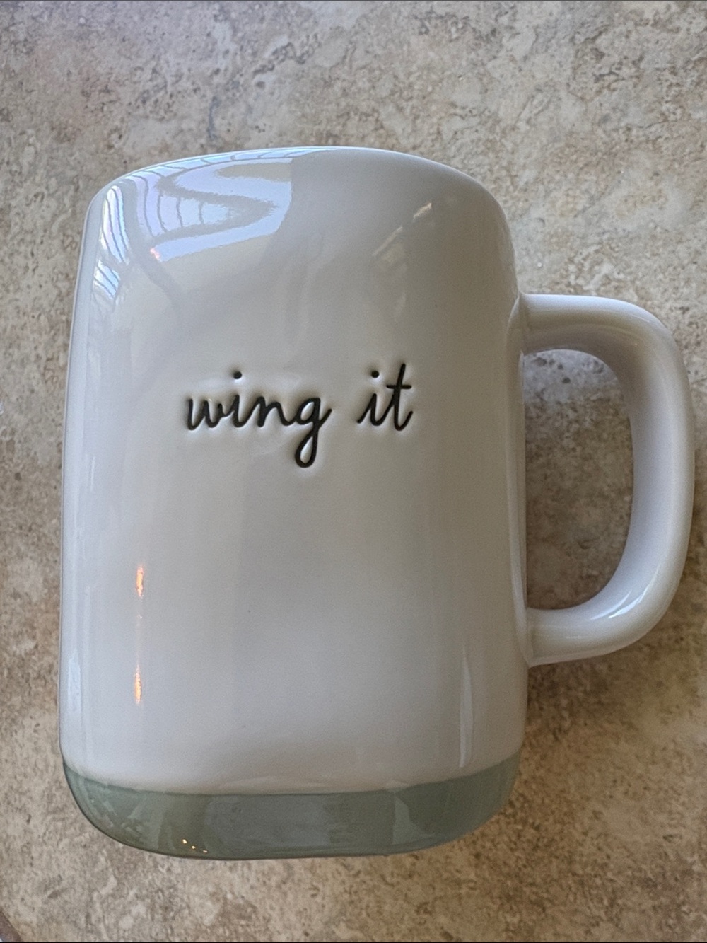 Rae Dunn Hummingbird White Mug with Seafoam Accent - "wing it" Script